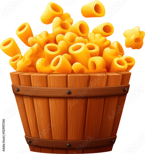 Colorful pasta shapes overflowing from a wooden bucket