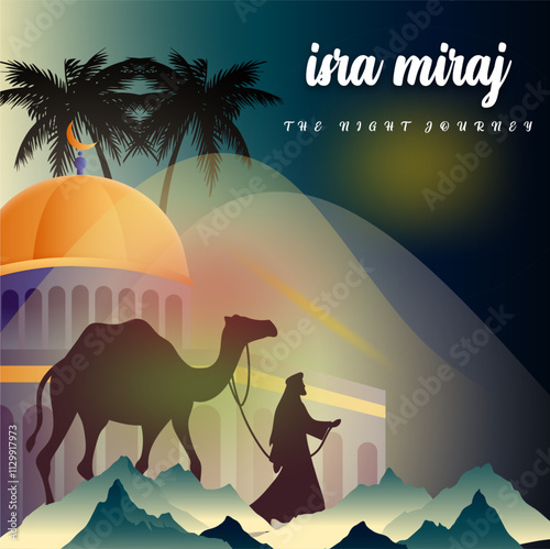 Vector Illustration of Prophet Muhammad's Night Journey for Poster and Flyer Template, Isra Mi'raj Ceremony Simple Background