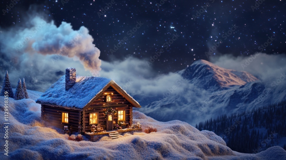 Cozy Cabin in Snowy Mountainscape Under a Starry Sky Cozy Cabin in Snowy Mountainscape Under a Starry Sky