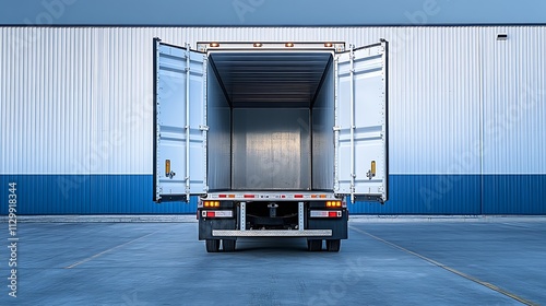 Back of a white and blue shipping trailer with open doors, loading area in the back on the left side of the door, truck bed,