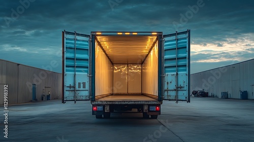 Back of a white and blue shipping trailer with open doors, loading area in the back on the left side of the door, truck bed,