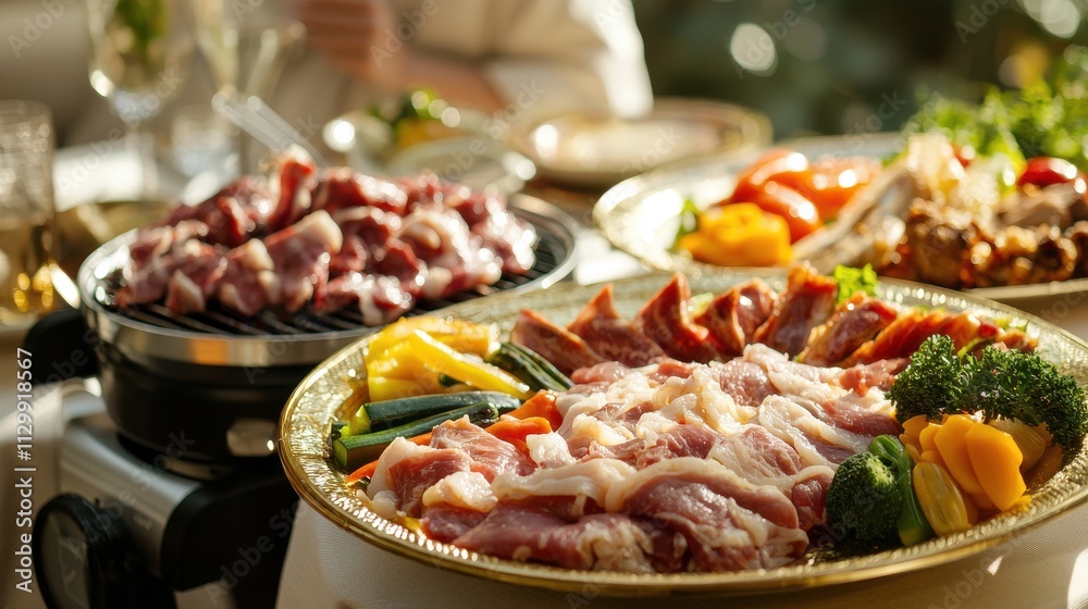 Family yakiniku gather at dining table with grilled delicacies in cozy home setting for memorable moments Family yakiniku gather at dining table with grilled delicacies in cozy home setting for memorable moments