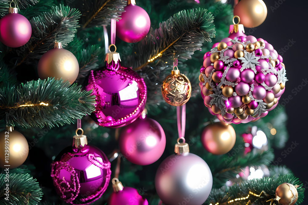 Christmas decoration, Hanging pink and gold balls Christmas decoration, Hanging pink and gold balls
