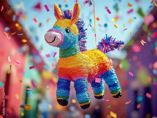 Colorful funny donkey pinata hanging against blurry background with falling confetti. Hispanic decoration for Las Posadas photo