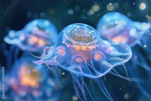 Microscopic life: a solitary protozoan drifting through fluid, unveiling beauty of unicellular life, embodying biological diversity, and highlighting unseen intricacies within microenvironments. photo