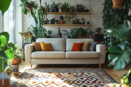 A bohemian-inspired living room with eclectic furniture, patterned rugs, hanging plants, and lots of natural light, creating a relaxed and inviting space. photo