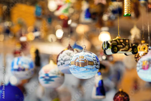 Variety of hand-painted Christmas ornaments, including baubles and figurines, hang from strings in festive market setting, beautifully lit by warm lights