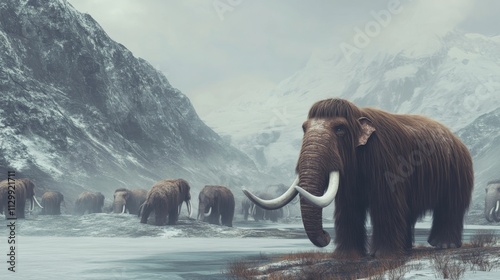 A woolly mammoth leads its herd through a frozen valley surrounded by snow-covered mountains. This dramatic depiction of prehistoric life showcases the strength and resilience of these ancient giants