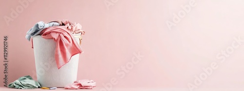 A laundry basket overflowing with colorful clothes against a soft pink background. photo