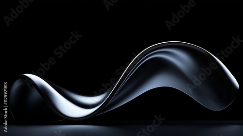 Abstract metallic fluid form on dark background.