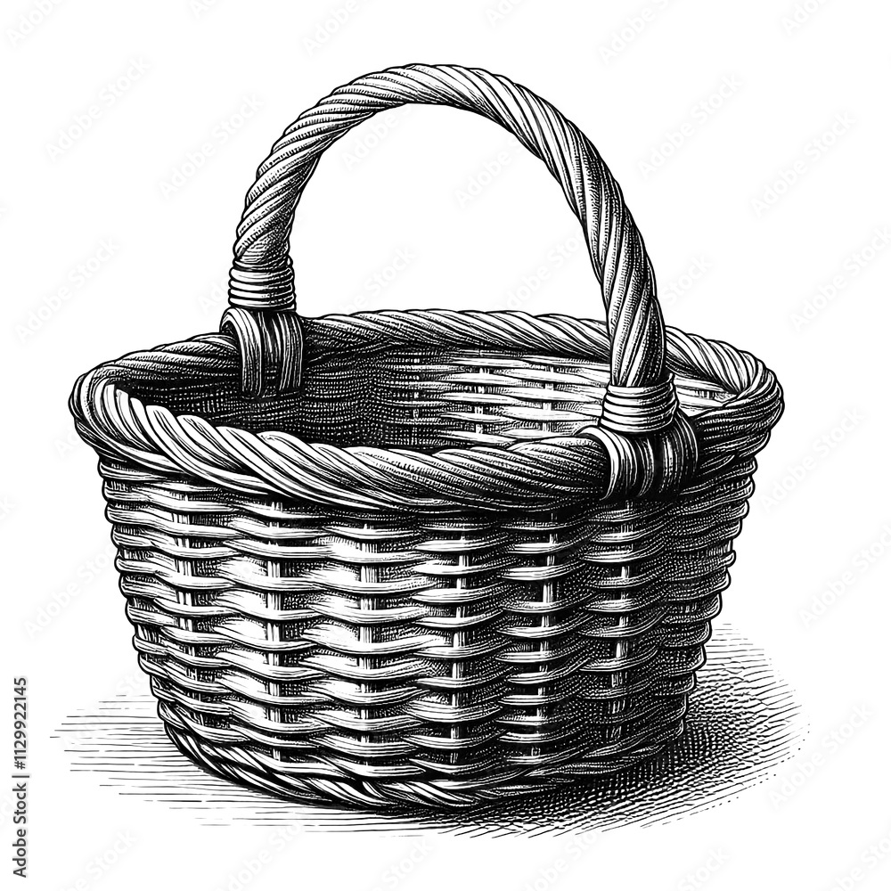Obraz premium A woven wicker basket with a handle, line sketch engraving, white background.