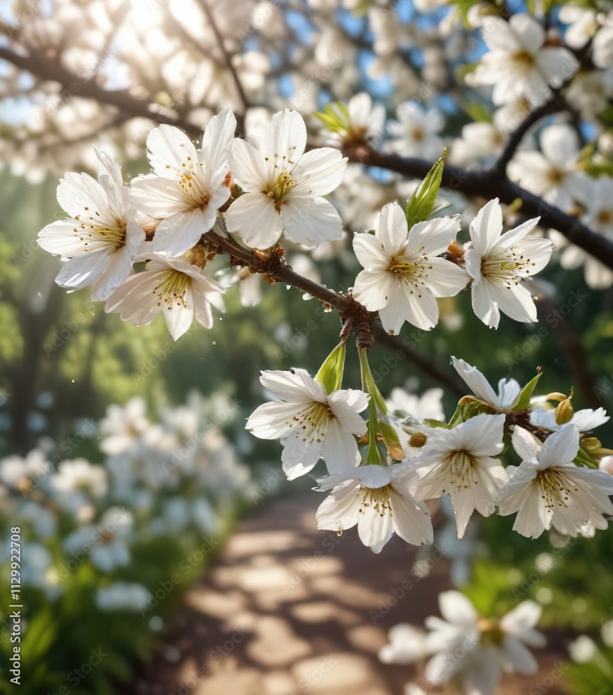 Morning dew on white cherry blossom petals in a garden, landscape, horticulture, environment Morning dew on white cherry blossom petals in a garden, landscape, horticulture, environment
