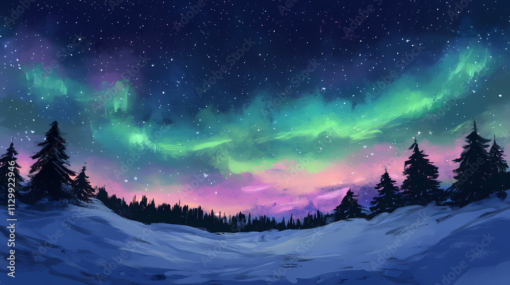 Fototapeta premium The northern lights illuminating the night sky with shades of green, pink, and purple over a snow-covered landscape. Aurorae. Illustration