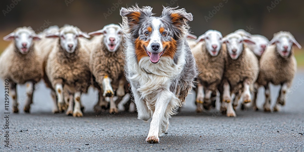 Obraz premium Aussie Sheepdog Herding Sheep on Farm High Resolution Photo