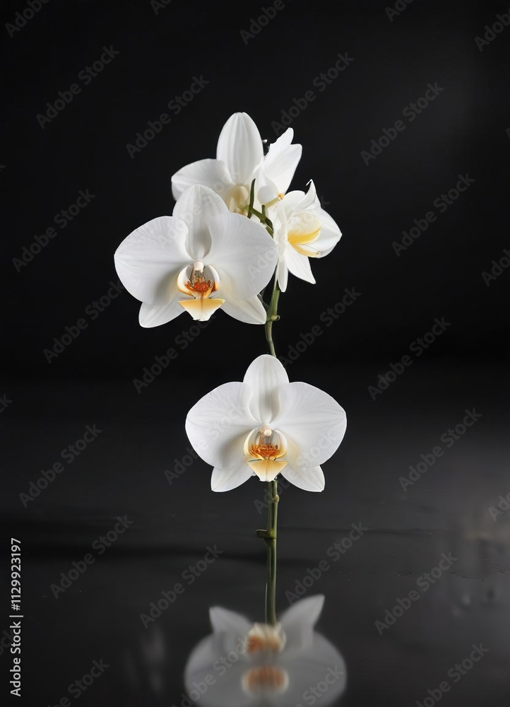A single white orchid sits on a sleek and glossy black surface, flower, elegant, black A single white orchid sits on a sleek and glossy black surface, flower, elegant, black