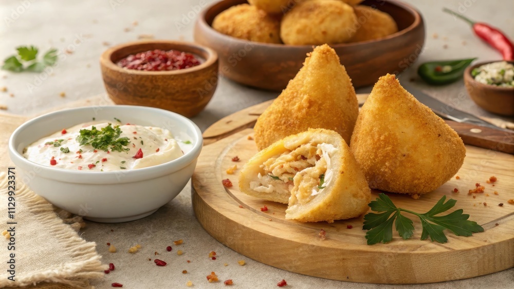 Delicious Coxinha with Spicy Dipping Sauce on Wooden Board Delicious Coxinha with Spicy Dipping Sauce on Wooden Board