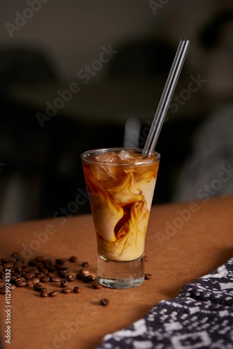 A closeup of an iced milk coffee drink mix photo