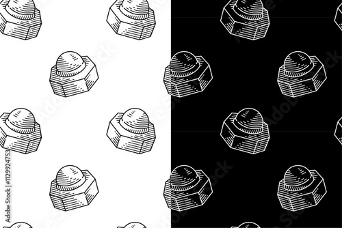 doodle acorn nut seamless pattern on black white background for print on packaging, stationery, merchandise.  retro acorn nut fastener pattern background. pattern of acorn nut line icon background