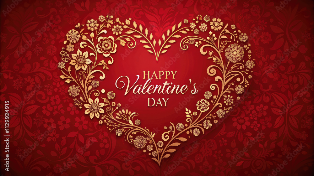 A festive red heart-shaped frame decorated with intricate floral details on a rich scarlet background, perfect for Valentine's Day greetings and celebrations A festive red heart-shaped frame decorated with intricate floral details on a rich scarlet background, perfect for Valentine's Day greetings and celebrations