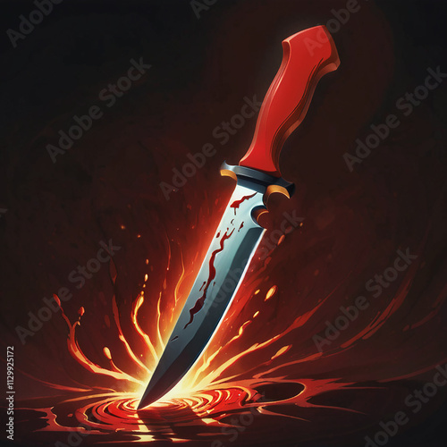 A silver dagger with a red handle is plunged into a pool of crimson liquid, creating a splash of bloodred waves. The dagger is stained with blood, adding to the dark and violent atmosphere. photo