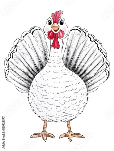 Cute cartoon turkey coloring page design. Big turkey is standing, with beautiful spread feathers and red comb. Illustration is ready for kids to color. Great Thanksgiving theme. photo