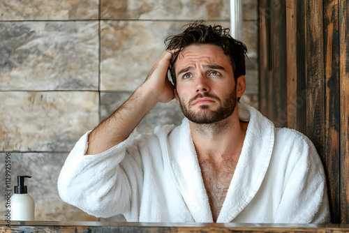 Man in Bathrobe Contemplates Hair, Morning Routine in Bathroom photo