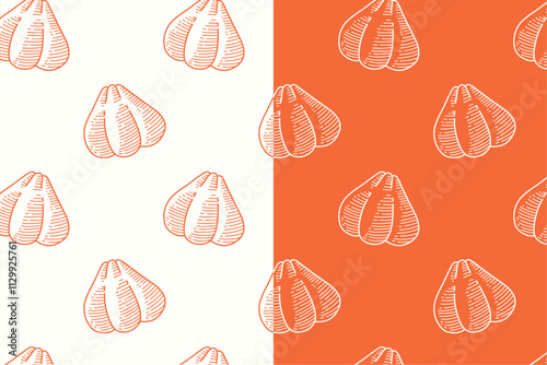 doodle bakpao chinese dumpling seamless pattern on orange white background for print on packaging, merchandise.  retro bakpao dim sum pattern background. pattern of ba pao dim sum vector background