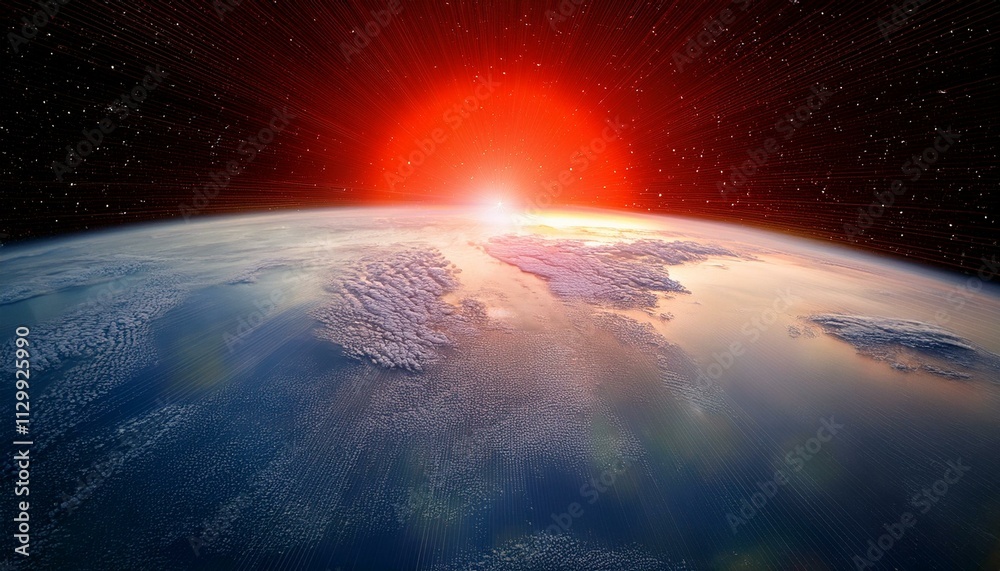 Red Sunrise, View Of Earth From Space - Earth And Sun Red Sunrise, View Of Earth From Space - Earth And Sun