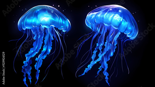 Two glowing blue jellyfish with long tentacles drift in a dark blue ocean. Drift. Illustration