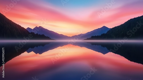 A stunning sunset over tranquil mountains, reflecting vibrant colors on a serene lake, creating a picturesque landscape.