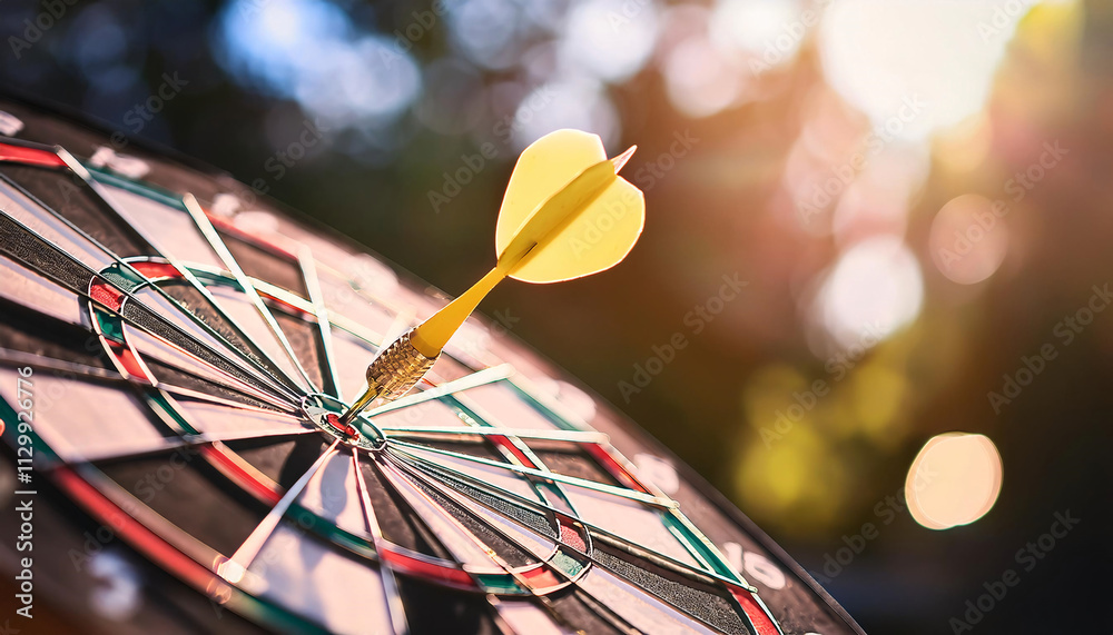 A high-resolution image of a dartboard with a bright yellow arrow piercing the center A high-resolution image of a dartboard with a bright yellow arrow piercing the center