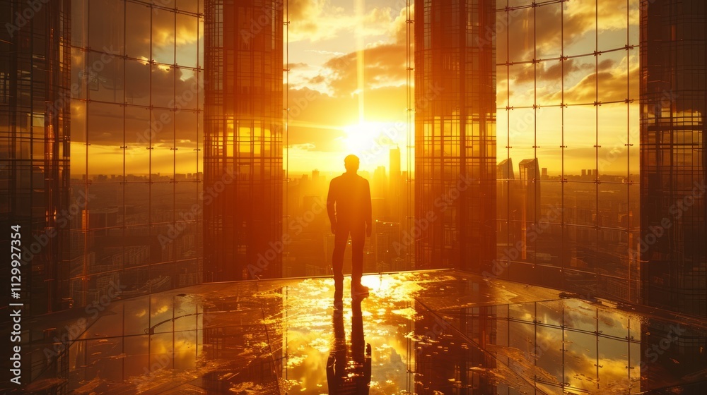 Man silhouetted against sunset cityscape viewed from skyscraper. Man silhouetted against sunset cityscape viewed from skyscraper.