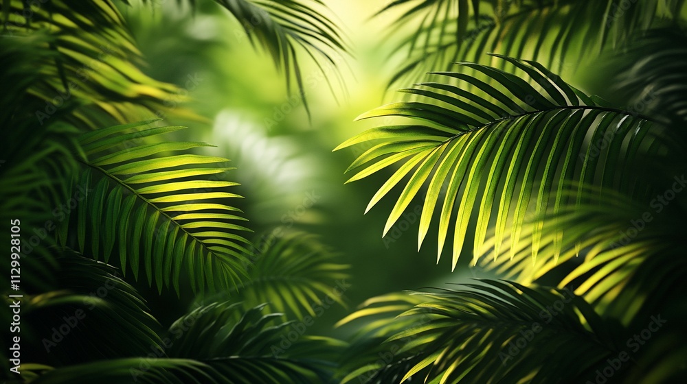 Fototapeta premium Lush green palm leaves backlit by sunlight in a tropical jungle.