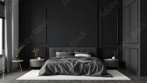 Minimalist bedroom with black and white color scheme, light gray accents on rugs, bedding, wall panels, and decor, color scheme, white photo