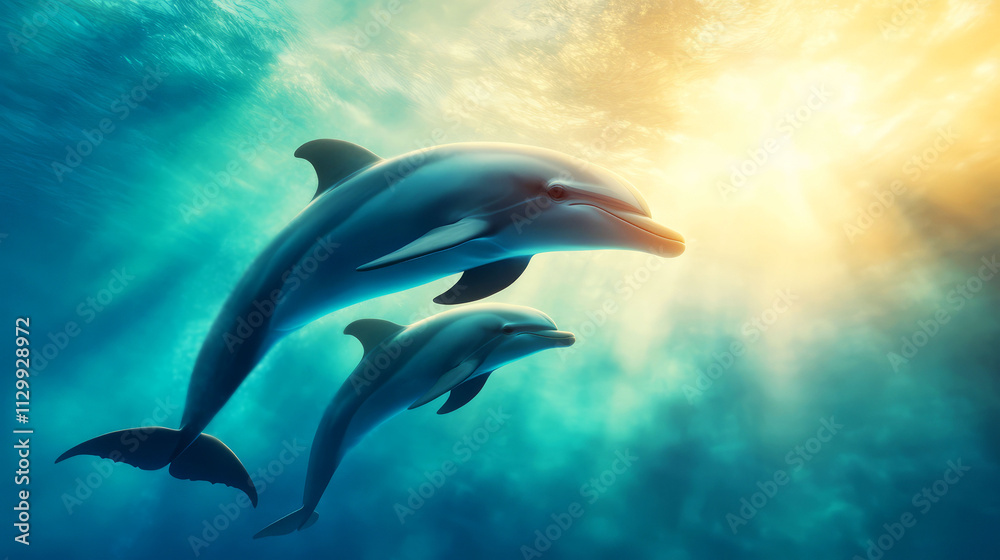 Obraz premium Two Dolphins Swimming Gracefully in a Beautiful Blue Ocean Under Warm Sunlight