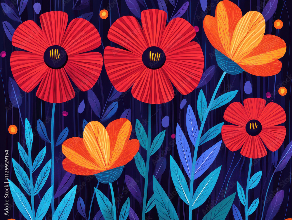 Obraz premium Vibrant flowers with intricate patterns on dark background