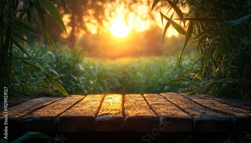 Wooden Table in Sugarcane Field with Blurred Background during Golden Hour Natural Light photo