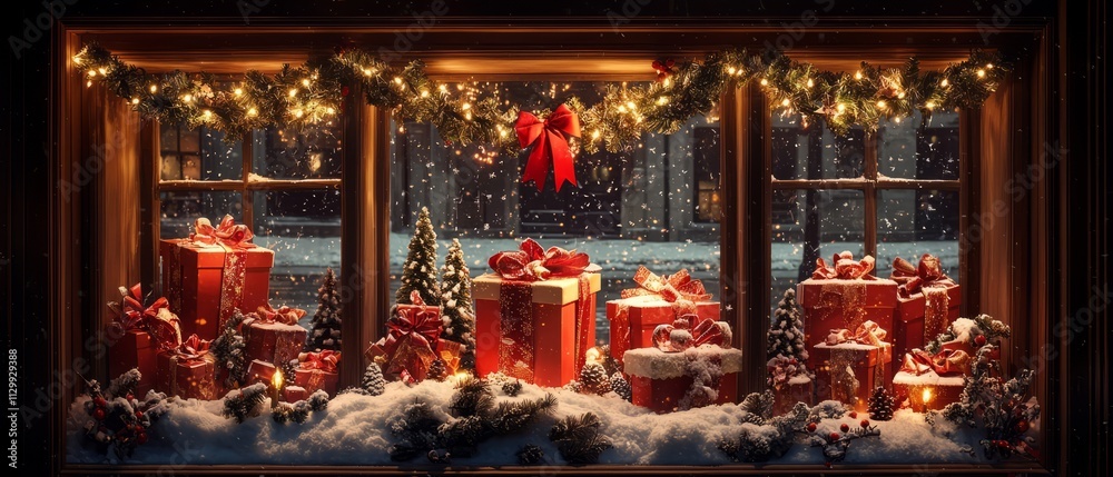 A festive holiday window with a collection of wrapped presents and garlands. The display has soft lighting and, Generative AI A festive holiday window with a collection of wrapped presents and garlands. The display has soft lighting and, Generative AI