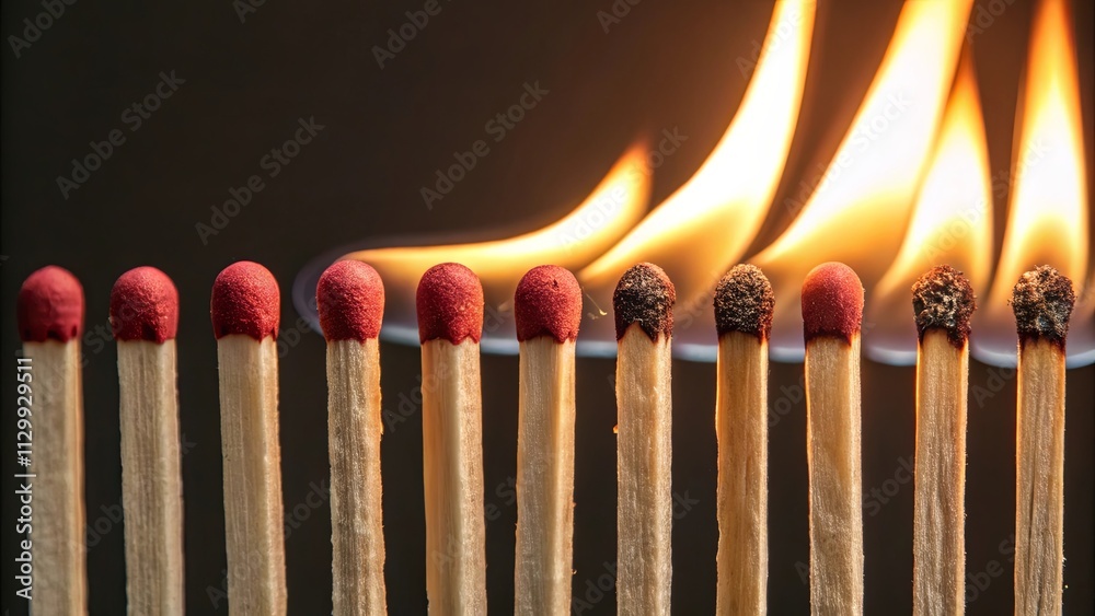 A row of matches with a lit match in the middle A row of matches with a lit match in the middle
