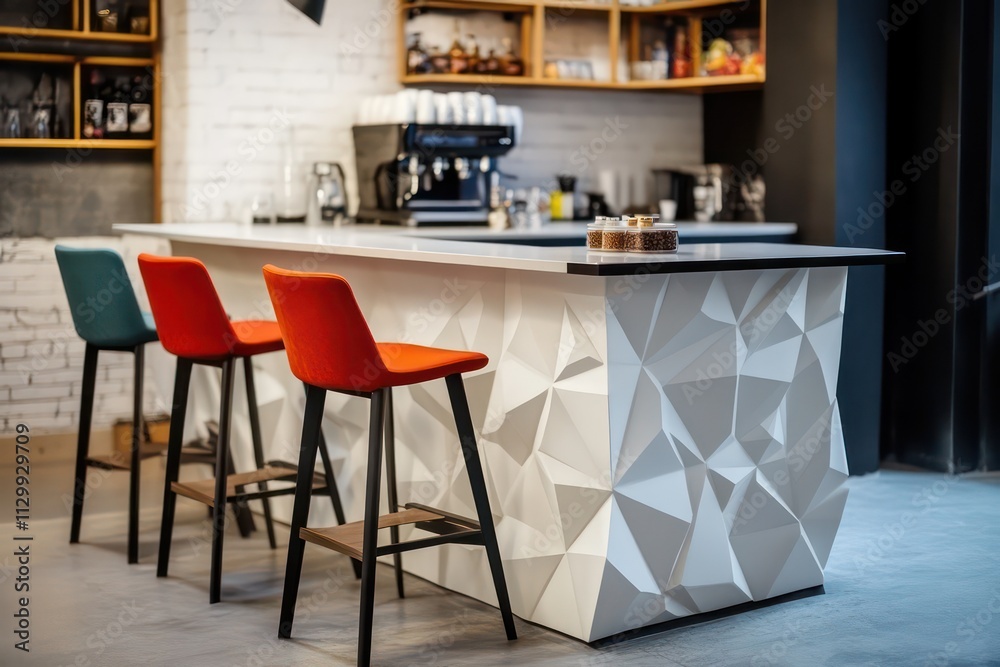 A contemporary coffee counter with bold geometric shapes, a textured stone base, and a pop of color in the form of stools, highlighted on a white background. A contemporary coffee counter with bold geometric shapes, a textured stone base, and a pop of color in the form of stools, highlighted on a white background.