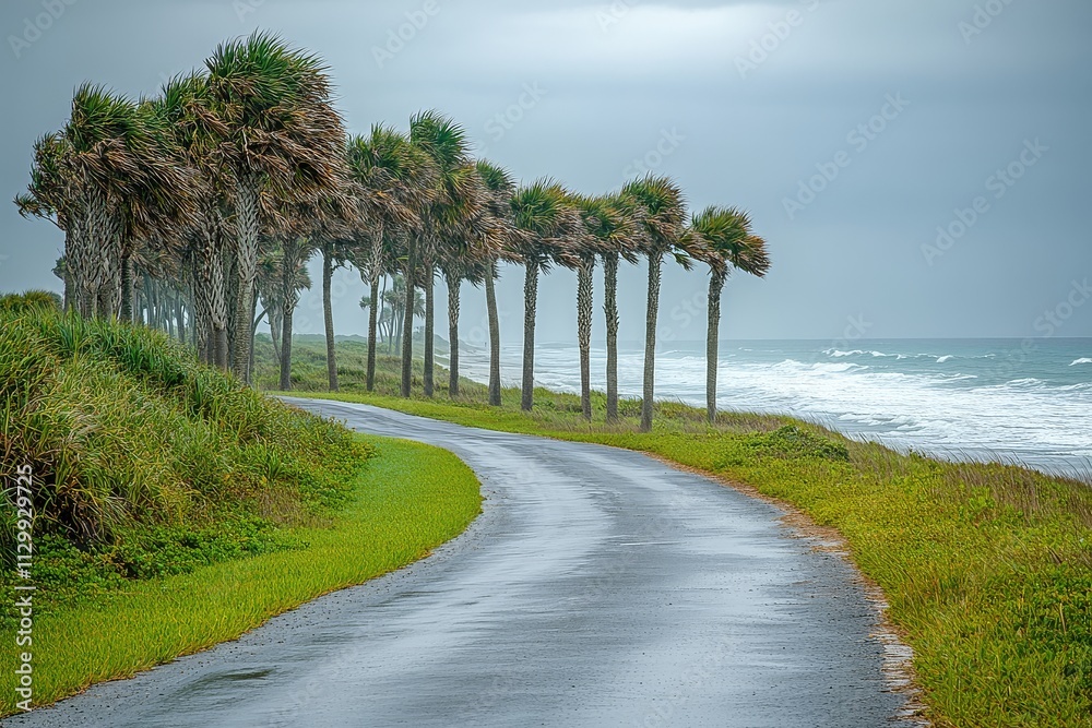 Palm trees blowing in the wind along ocean road during hurricane, with green grass and gray sky. Palm trees blowing in the wind along ocean road during hurricane, with green grass and gray sky.