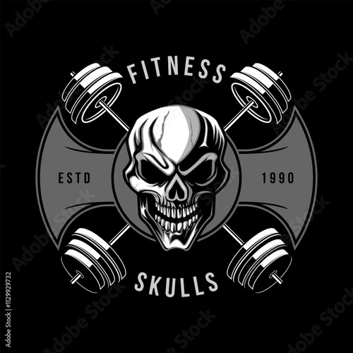 Skull Head with barbell GYM logo vector template