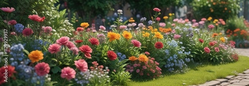 Quirky flowerbed with whimsical blooms and greenery, outdoors, nature, botanical