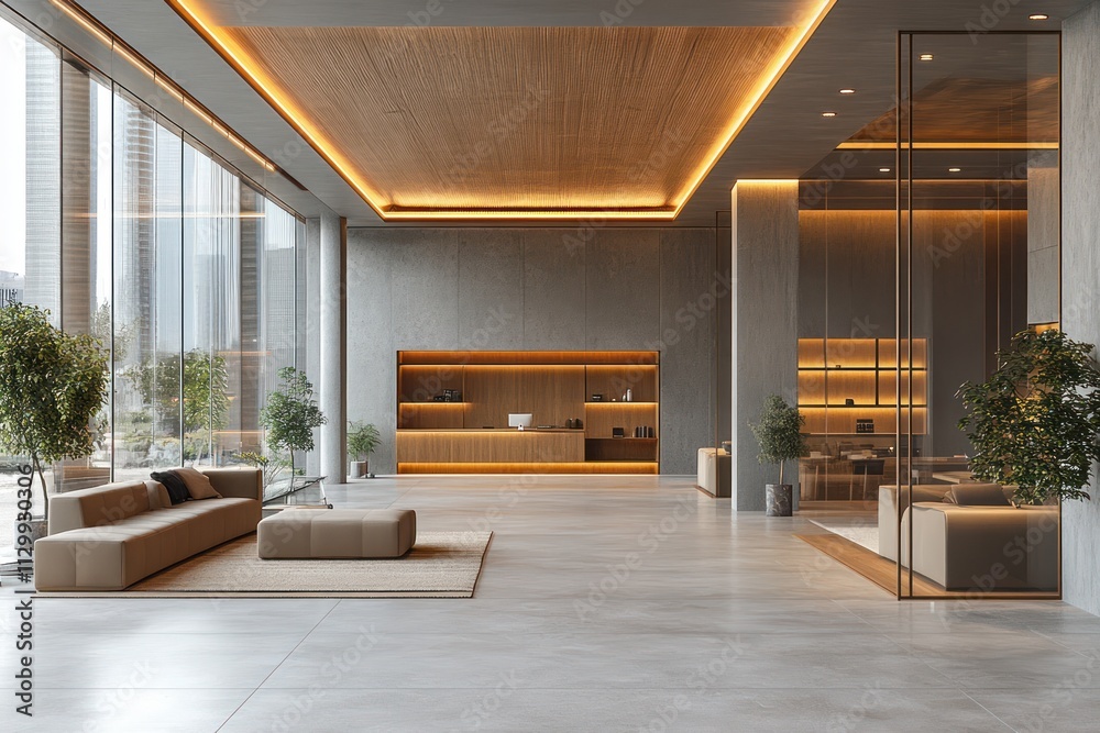 Fototapeta premium Bright modern office interior minimalist design with glass walls wooden accents concrete floor and large windows open space