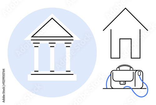 Bank building with three columns and triangular roof, simple house outline, and briefcase. Ideal for financial themes, banking, real estate, investments, business, home ownership, economics. Line