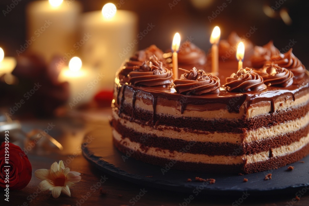 Delicious Chocolate Cake With Lit Candles And Flowers Delicious Chocolate Cake With Lit Candles And Flowers