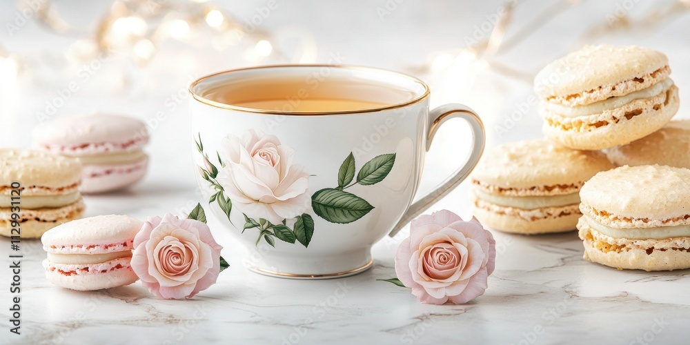 Tea and desserts in Victorian style concept. Elegant tea cup with macarons and flowers on a marble surface Tea and desserts in Victorian style concept. Elegant tea cup with macarons and flowers on a marble surface
