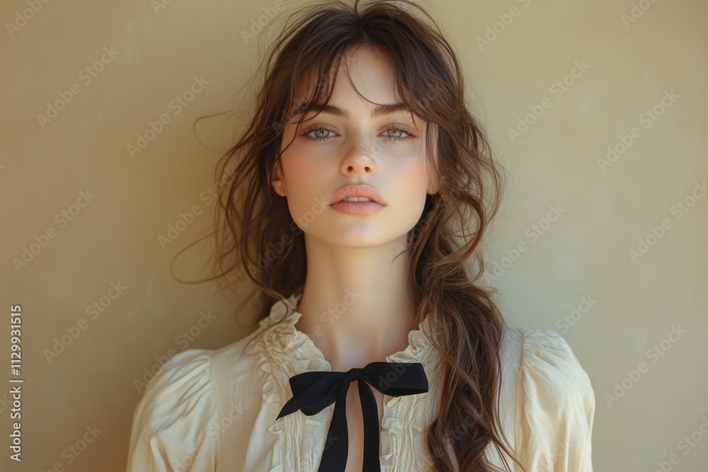 Young Asian Woman Portrait with Fresh Skin in Cream Blouse and Black Bow on Beige Background