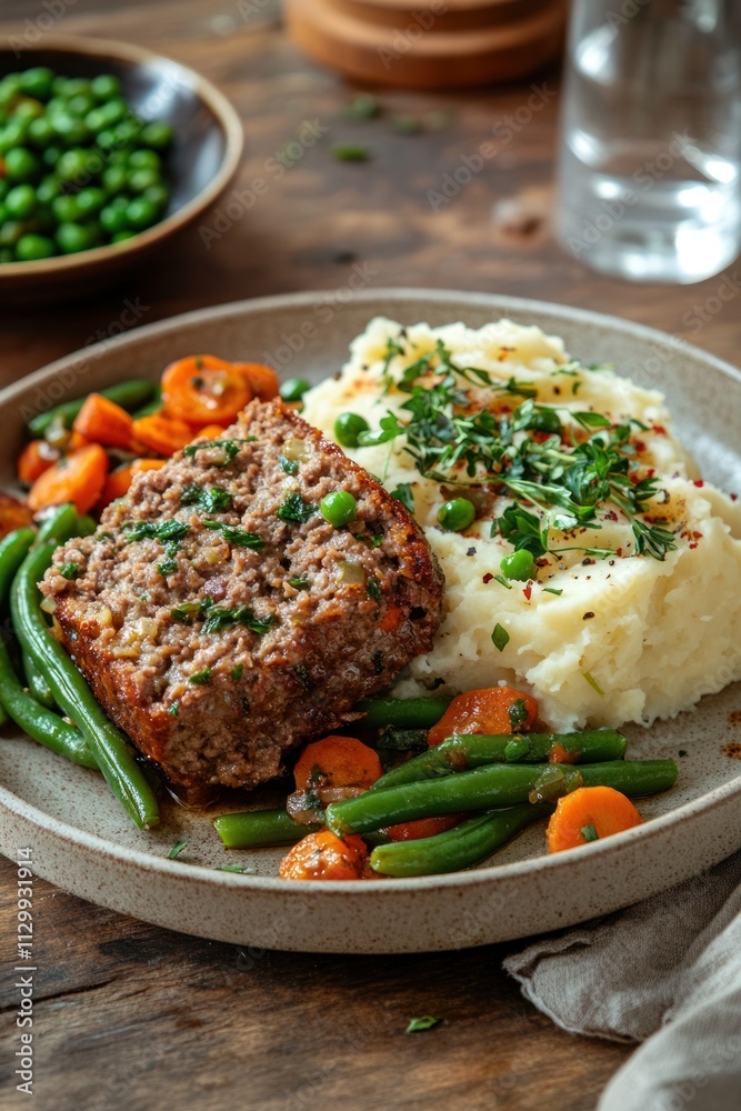 A hearty meal featuring meatloaf, mashed potatoes, and mixed vegetables on a rustic table. A hearty meal featuring meatloaf, mashed potatoes, and mixed vegetables on a rustic table.