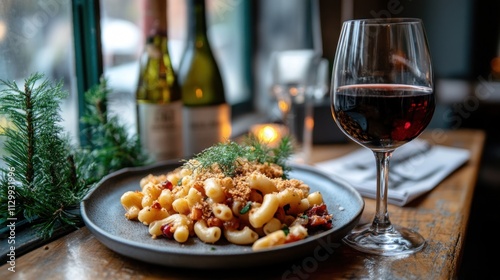 A plate of pasta with wine in a cozy restaurant setting.